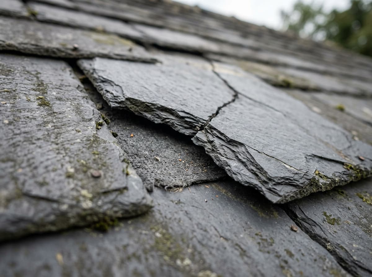 A close-up of cracked and slipped slate roof tiles with moss growing between them.