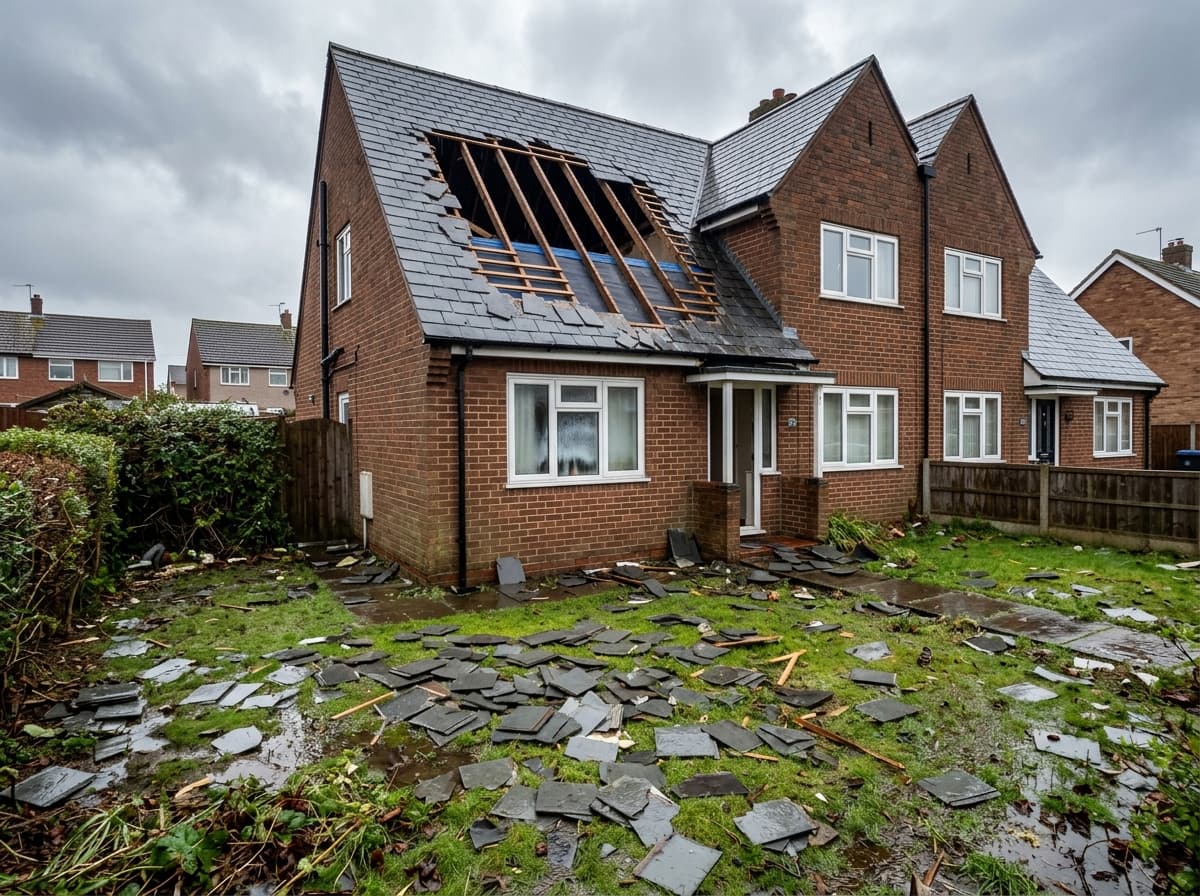 A house roof with a large section of slates torn away in a storm, exposing bare timber rafters, with debris scattered across the garden below.