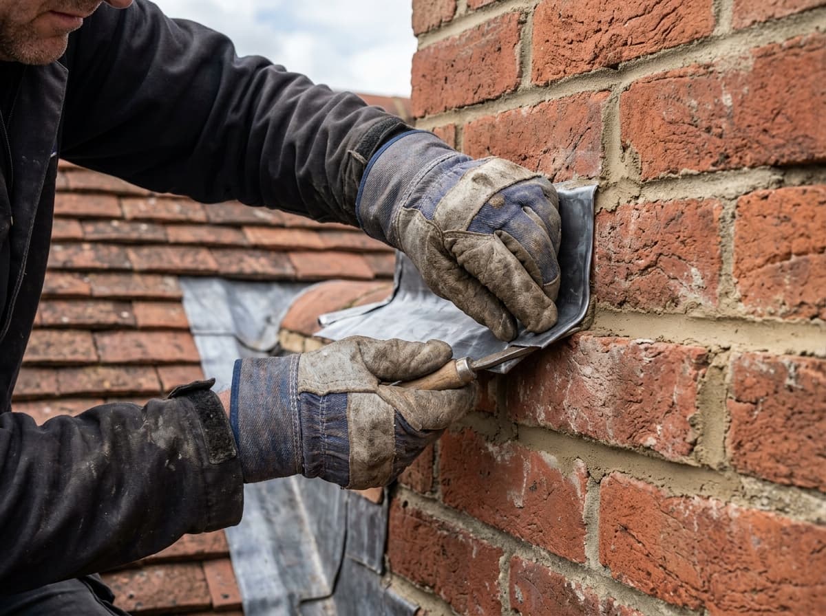 A roofer's gloved hands dressing lead flashing against a brick chimney stack.