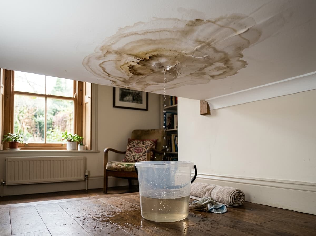 A water-stained ceiling with an active drip collecting in a bucket on the floor below.