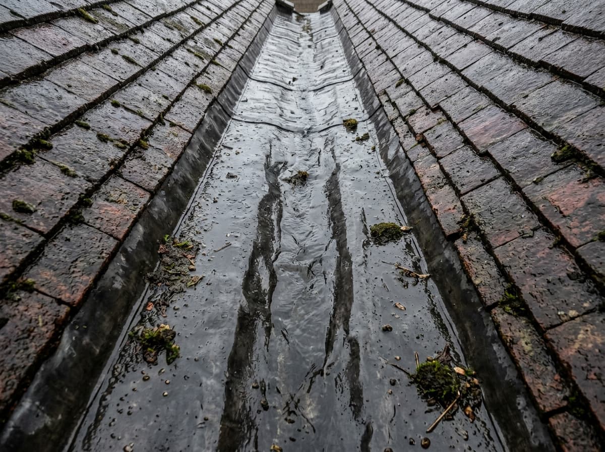 A lead-lined roof valley channelling rainwater between two tiled roof slopes, with moss and leaf debris caught at the edges.