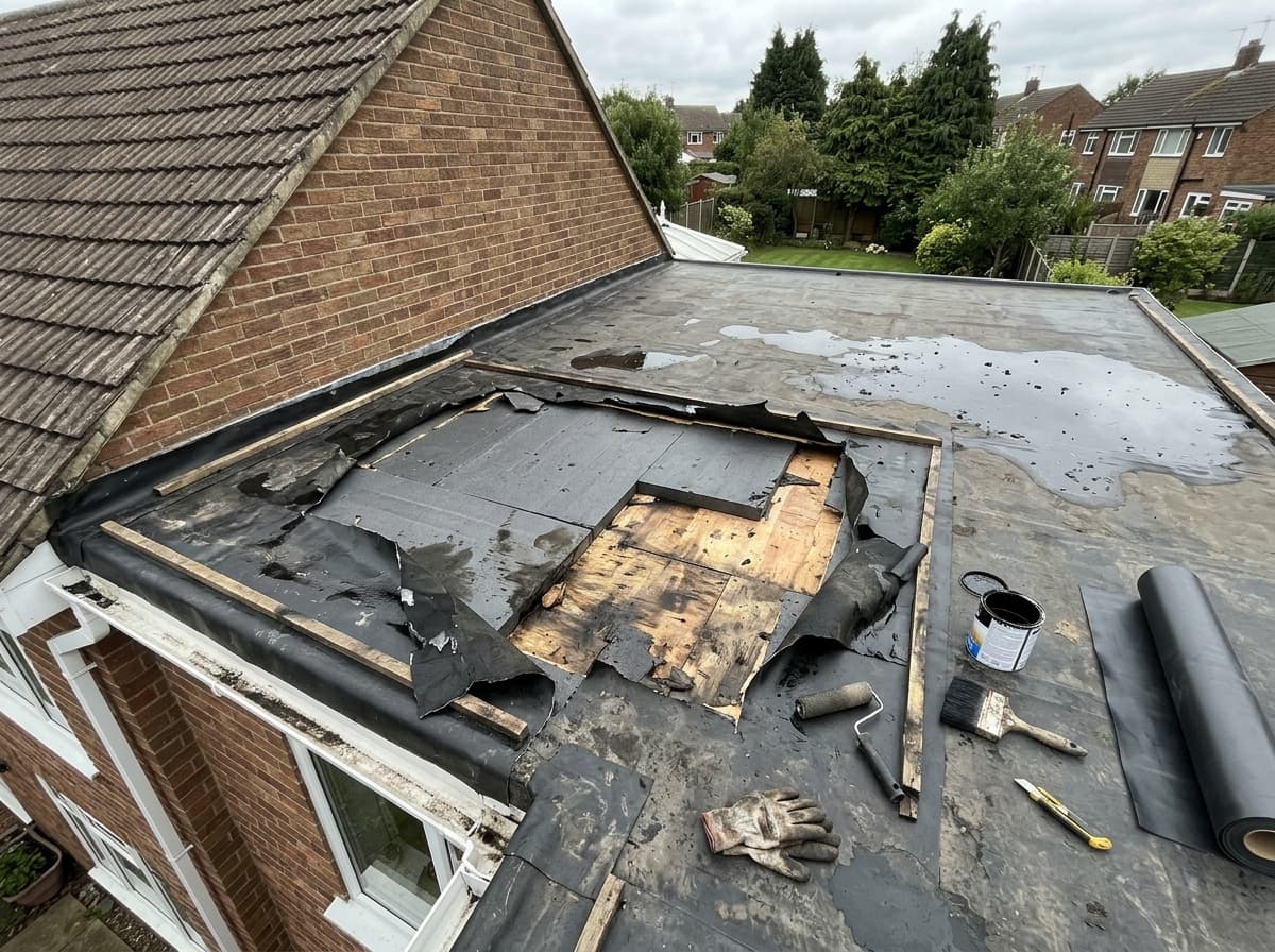 A flat roof mid-repair, with the old felt covering stripped back to the timber decking and a fresh roll of roofing felt and tools laid out ready for re-covering.