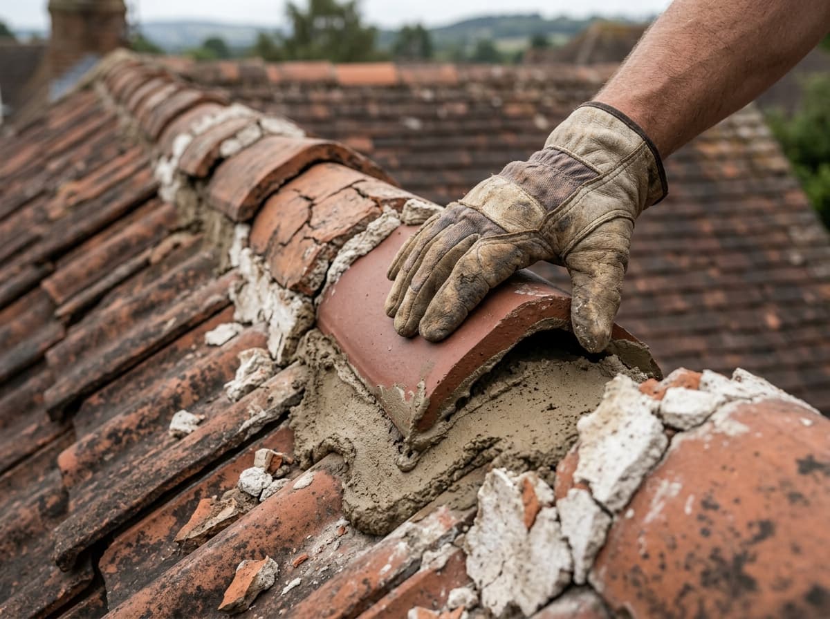 A gloved hand repointing a ridge tile on a clay tile roof, with cracked and crumbling old mortar visible.