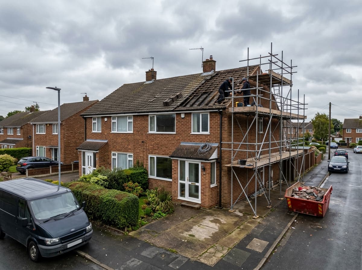 A semi-detached house with full scaffolding erected and two roofers stripping and re-covering the pitched tiled roof, with a skip for waste on the driveway.