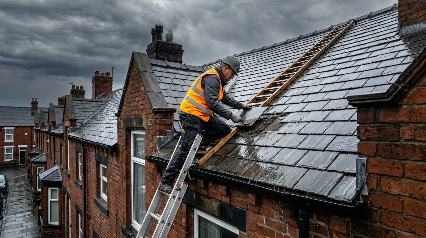 A roofer in a hi-vis vest and hard hat repairing a slate roof from a ladder, on a row of terraced houses under a stormy sky.